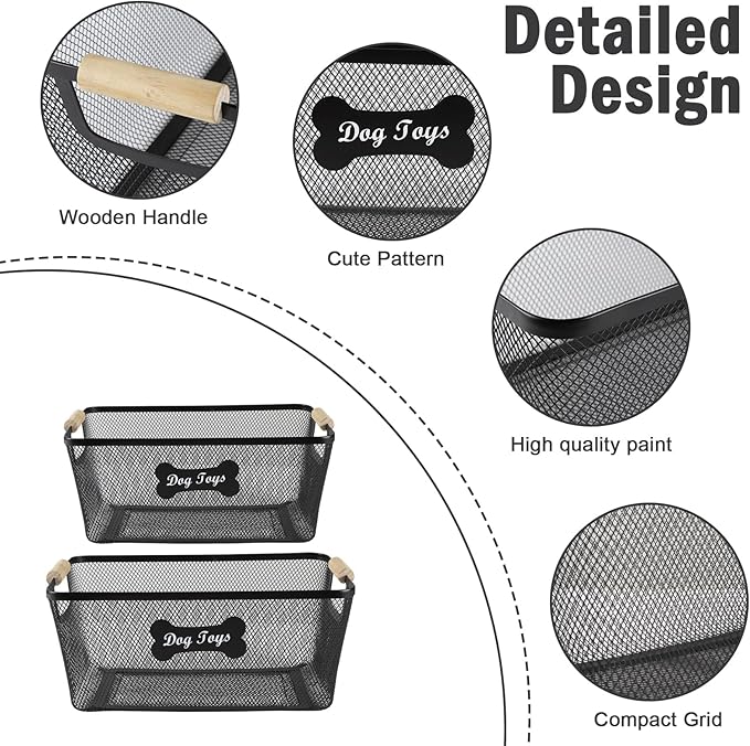 2 Pack Dog Toys Basket,Metal Basket with Wooden Handles for Dog Toys,Mesh Wire Dog Toy Bin Set,Dog Stuff Organization & Storage,Ideal for Dog Collar,Blanket,Toys,Ropes,Snacks-Black