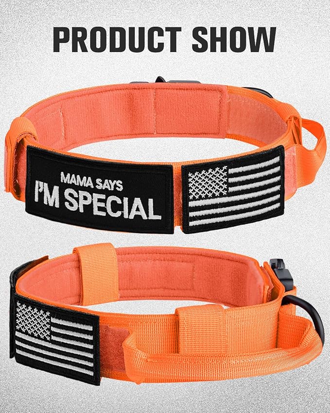 Joytale Tactical Dog Collar with Handle, Adjustable Heavy Duty Military Collar with 2 Patches for Training, Suitable for Large Dogs, Orange, L