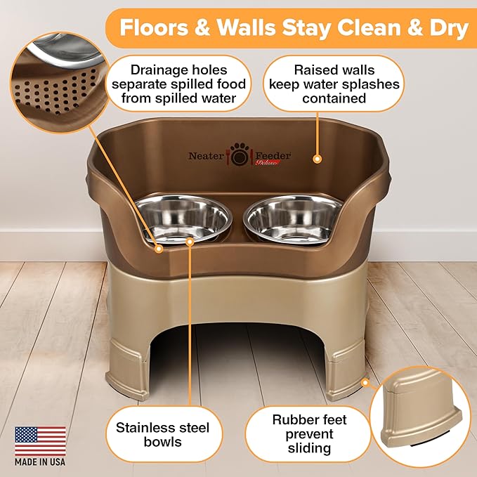 Neater Feeder Deluxe Mess Proof Dog Bowls Elevated for Large Dogs – Made in USA – No Spill Raised Dog Food Bowl Stand w/Leg Extensions – Stainless Steel Dog Food and Water Bowl Set – Bronze