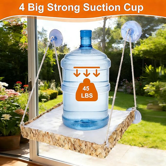 Cat Window Perch with Industrial-Grade Suction Cups and Ball Toy, Cat Window Hammock - 45 lbs Capacity, Handwoven Straw Sturdy Hanging Bed Seat Soft Cushion for Large Heavy Cats
