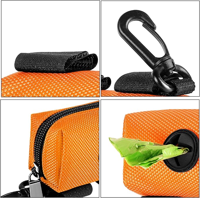 Dog Waste Bag Dispenser Pet Poop Bags Holder for Doggie Waste Bags Dispensers Soft Fabric Zipper Small Doggy Puppy Pouch for Leash Accessory Attachment with Carrier,Orange