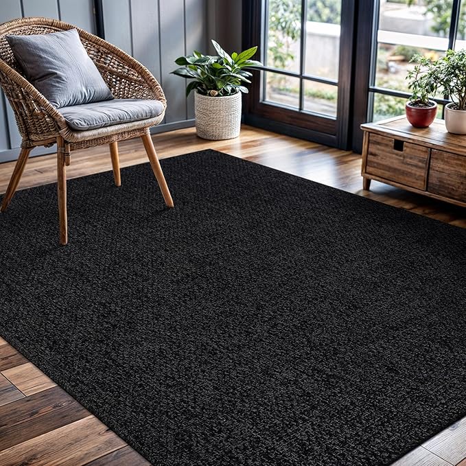 CAMILSON Easy Jute Rug 5x7, Indoor Outdoor Dark Gray Black Farmhouse Area Rugs for Living Room Patio and Kitchen Rug, Solid Boho Woven Design, Easy-Cleaning, Washable Outside Carpet Alfombras (5 x 7)