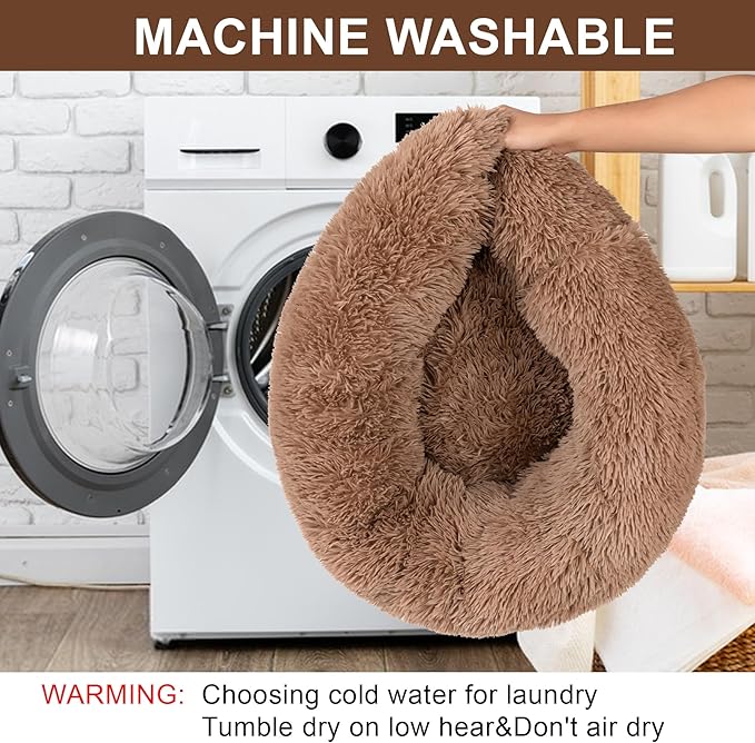 Dog Calming Beds for Medium Large Dogs - Round Donut Washable Dog Bed, Anti-Slip Faux Fur Fluffy Donut Cuddler Anxiety Cat Bed(36" Khaki)