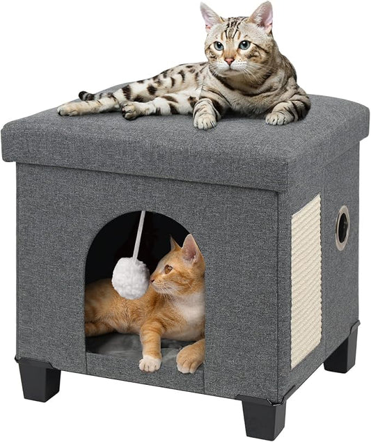 BRIAN & DANY Foldable Cat House, Cat Cave, Cat Cube with Scratch Board & Ball, 37.5 x 32.5 x 36 cm, Gray