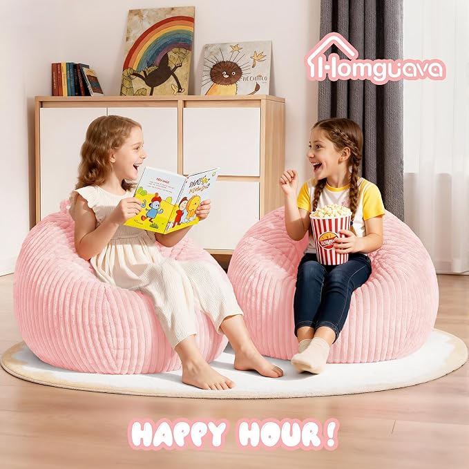 Homguava 2Pcs of 2FT Bean Bag Chair, 2' Small Bean Bags with Memory Foam Filled, Beanbag Chairs with Machine Washable Cover Dutch Corded Plush Cover for Classroom,Living Room,Bedroom-Soft Pink