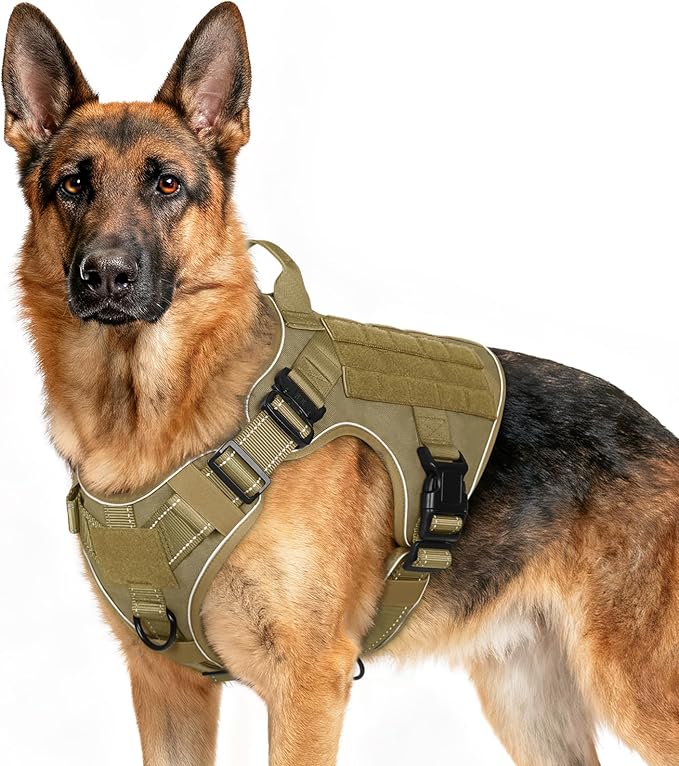 rabbitgoo Tactical Dog Harness for Extra Large Dogs, No Pull Upgraded Reflective Heavy Duty Molle Vest with Handle, Adjustable Military Service Dog Vest for Walking Hiking Training, Brown, XL