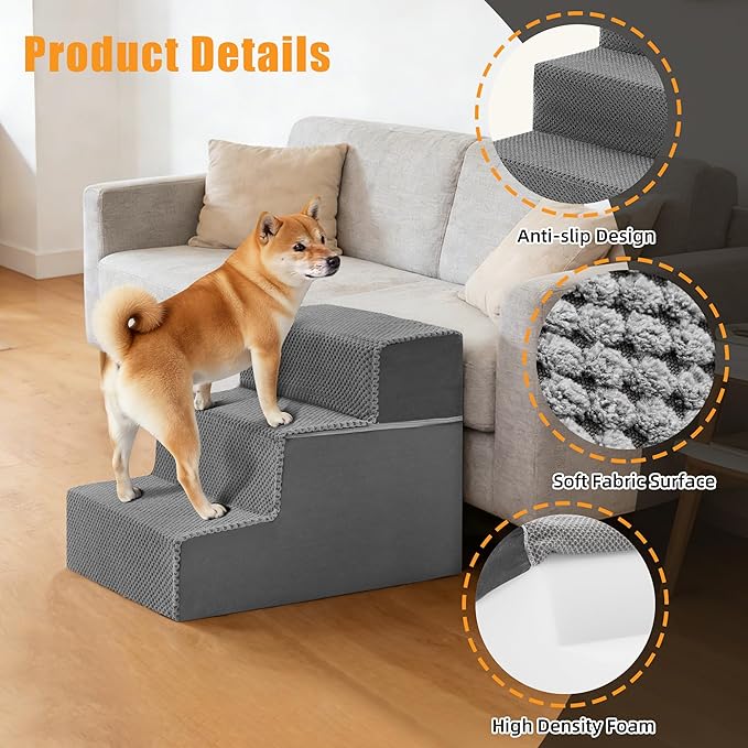 3-Step Dog Stairs for Small Dogs and Cats, 14in H Dog Steps for Couch, Sofa, Chair, Non-Slip Sturdy Pet Steps, Pet Ramp for High Bed Indoor