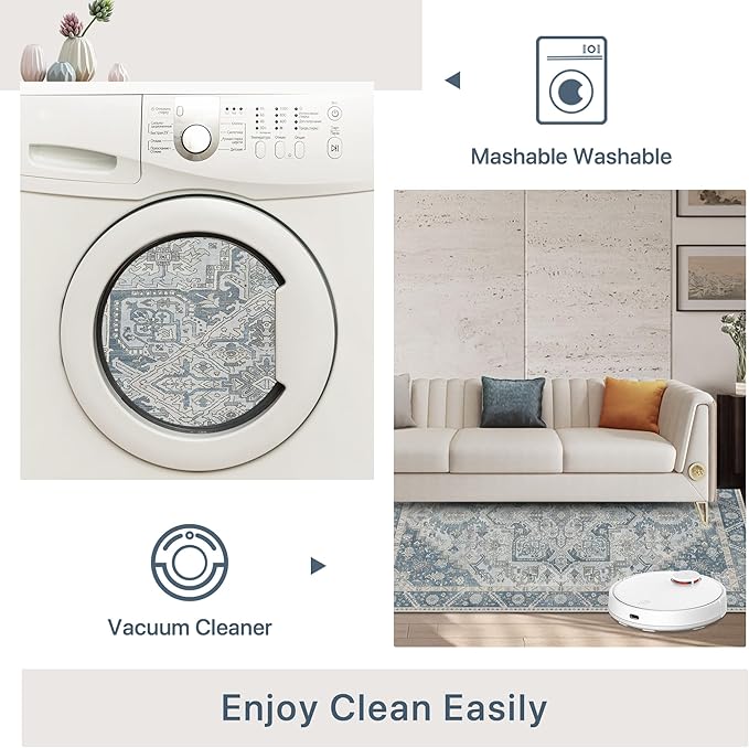 8x10 Area Rug Machine Washable Boho Rug for Living Room,Ultra-Thin Low Pile Carpet,Lightweight Indoor Printed Rug,Non Slip Floral Area Rug for Bedroom, Dining Room, Home Office,Light Blue