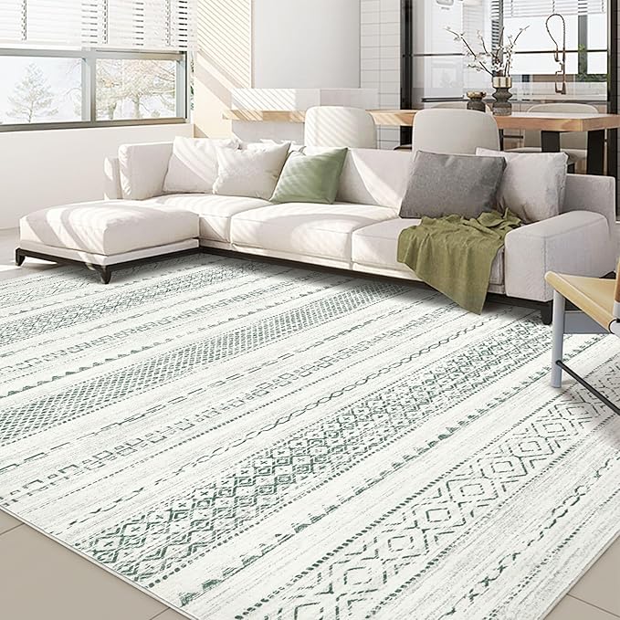 Nakagishi Green Rug Living Room 5x8: Washable Boho Large Neutral Farmhouse Soft Area Rugs Modern Stain Resistant Moroccan Indoor Non-Slip Floor Carpet for Bedroom Nursery Kids Playroom Office