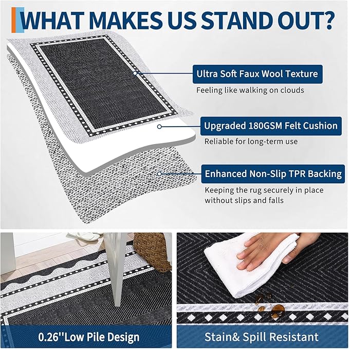 GarveeHome Washable 8x10 Area Rugs with Non Slip Backing, Large Solid Rugs for Living Room Bedroom, Modern Border Neutral Soft Carpet, Stain-Resistant Floor Mats for Nursery, Home Decor, Black Grey