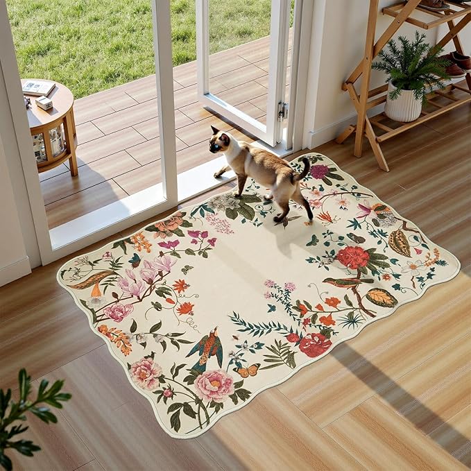 Rugflix Scalloped Floral Rug for Entryway, 2x3 Washable Non-Slip Kitchen Area Rugs, Small Low Pile Indoor Door Mat, Soft Entrance Carpet for Bathroom Bedroom, Cream Beige