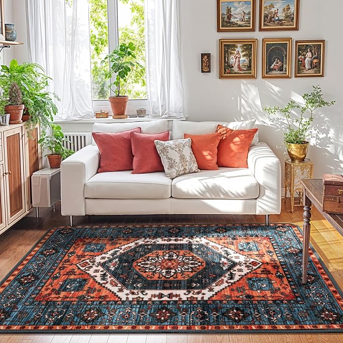 LBRO2M Boho 4X6 Rug Washable Rugs for Bedroom Non Slip Indoor Carpet, Soft Low Piles Rug Foldable Rugs for Living Room Pet Friendly Area Rugs Stain Resistant (4'X6' Rust Teal)