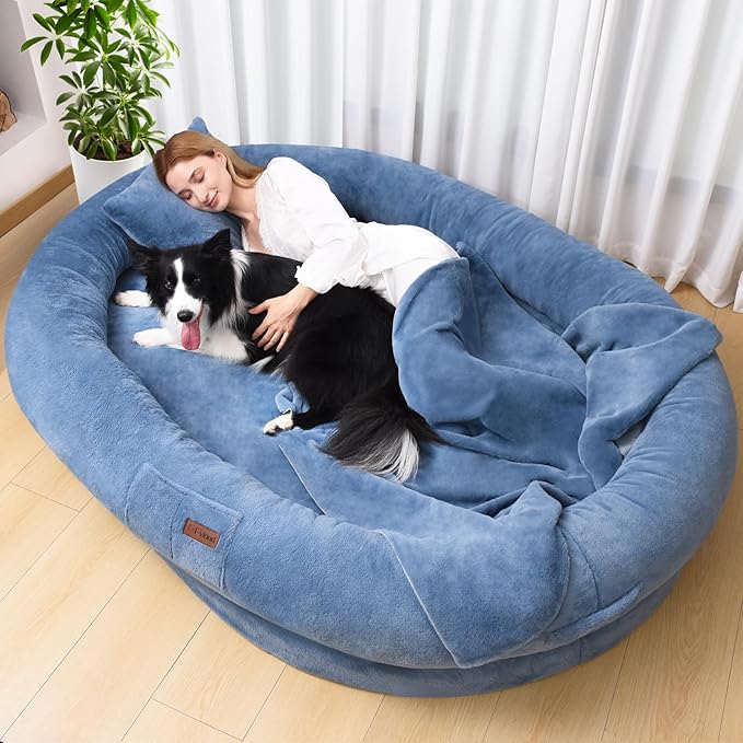 Human Dog Bed for Adults, 71"x51"x12" Washable Orthopedic Size, Faux Fur Removable, Cozy Large Present with Blanket and Pillow, Grayish Blue