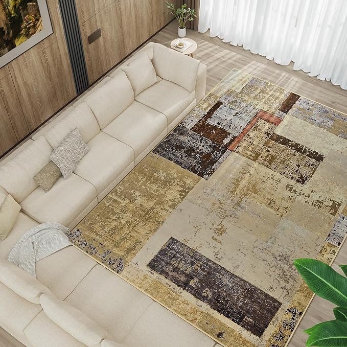 LOCHAS Rug for Living Room, Washable Soft Area Rugs for Bedroom 8x10, Abstract Carpet for Indoor Office Kids Dining Room Nursery Floor, Khaki Geometric Vintage Home Decor, Non Slip, Pet Child Friendly