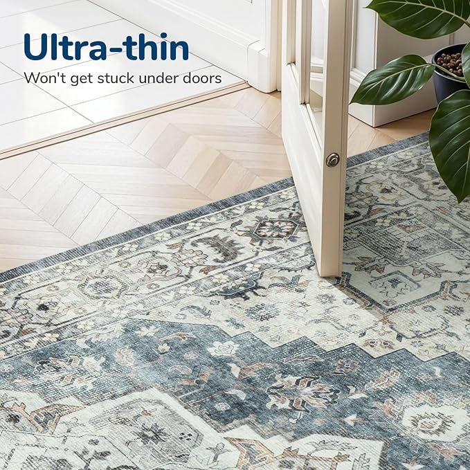 Lessymo Vintage Medallion Rug for Living Room 5x7, Machine Washable Area Rugs for Bedroom Dining Room Under Table, Soft Low Pile Carpet with Non Slip Backing, Blue Grey/Beige