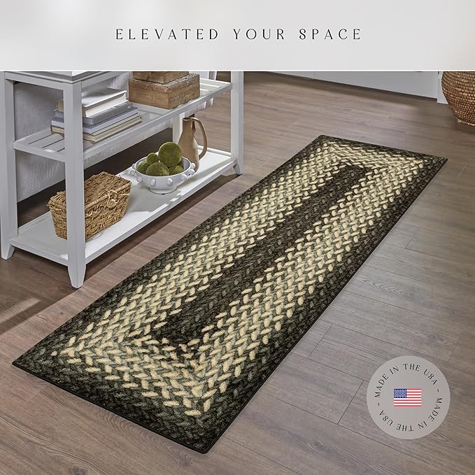 Maples Rugs Marion Bohemian Braided-Style Print Runner Rug ??Made in USA ??Washable, Non-Slip Indoor Runner for Hallway, Kitchen, and Laundry Room, 2' x 6', Black