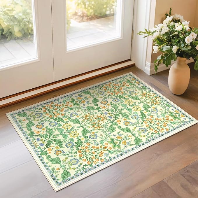 Floral Entryway Washable Rug: 2x3 Soft Low Pile Thin Indoor Front Door Mat, Non Slip Stain Resistant Vintage Flower Boho Accent Small Rugs for Bedroom, Kitchen, Bathroom, Nursery Entrance - Ivory