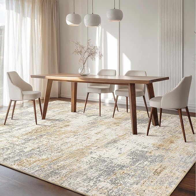 Area Rug Living Room Washable Rugs: 8x10 Modern Neutral Abstract Low Pile Non Slip Floor Carpet - Large Soft Thin Stain Resistant Rug for Bedroom Dining Indoor Office Home, Gold Grey