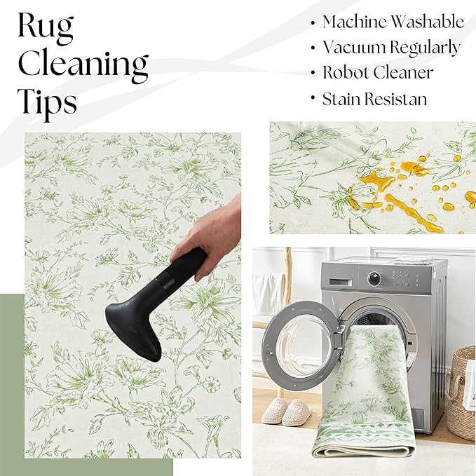 Light Green Kitchen Rug 3x8 Modern Vintage Boho Farmhouse Unique Floral Sage Cream Beige Peony Lily Sketch Style, Washable Low Pile Non-Slip Extra Long Wide Runner Rugs for Hallway 8 ft Long