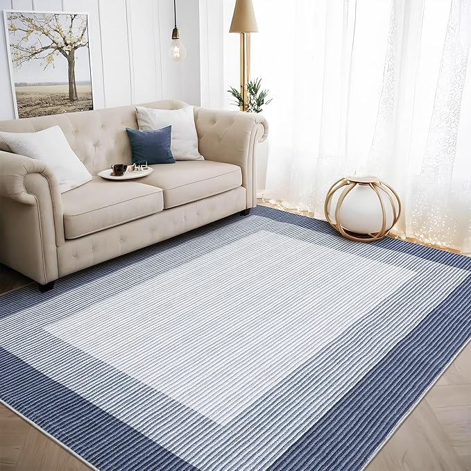 GarveeHome Washable Rugs 9x12 Area Rugs for Living Room, Modern Bordered Solid Rug Large Soft Carpet for Bedroom Non Slip Stain Resistant Neutral Carpet for Dining Room Nursery Dorm Farmhouse, 9x12