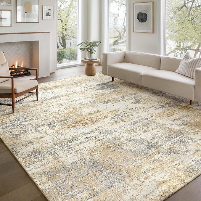 Area Rug Living Room Washable Rugs: 9x12 Modern Neutral Abstract Low Pile Non Slip Floor Carpet - Large Soft Thin Stain Resistant Rug for Bedroom Dining Indoor Office Home, Gold Grey