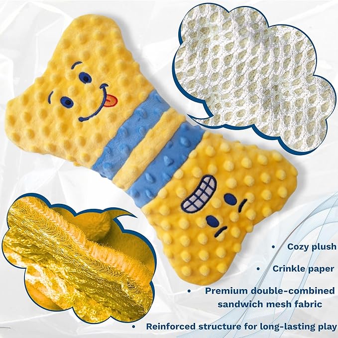 Dog Squeaky Toy, No Stuffing Plush Dog Toy for Small, Medium & Large Breeds – Crinkle Yellow Bone - Interactive - Ideal for Energetic Shaking, Toothing and Fetch lovers – Soft Pet - Safe Materials