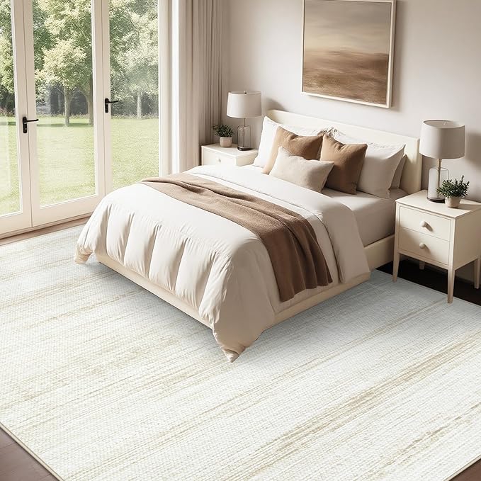 Washable Rug 9x12 Area Rugs: Modern Geometric Rugs for Living Room Non Slip Soft Low Pile Moroccan Indoor Carpet for Bedroom Nursery Dining Room Home Office (Ivory, 9'x12')