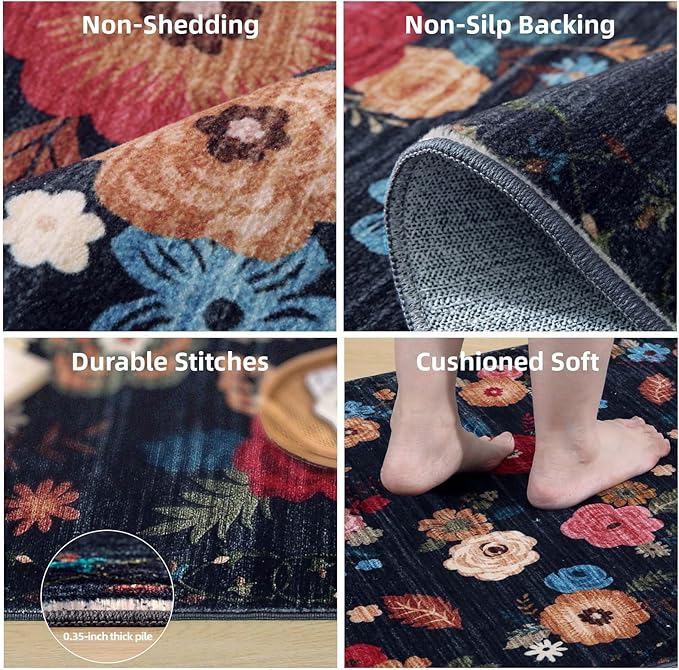 Machine Washable Runner Rug for Hallway: 2'6"x8' Kitchen Runner Rugs with Rubber Backing Non Slip Stain Resistant Floral Floor Rug Soft Carpet Runners for Indoor Entryway Bedroom Bedside Living Room