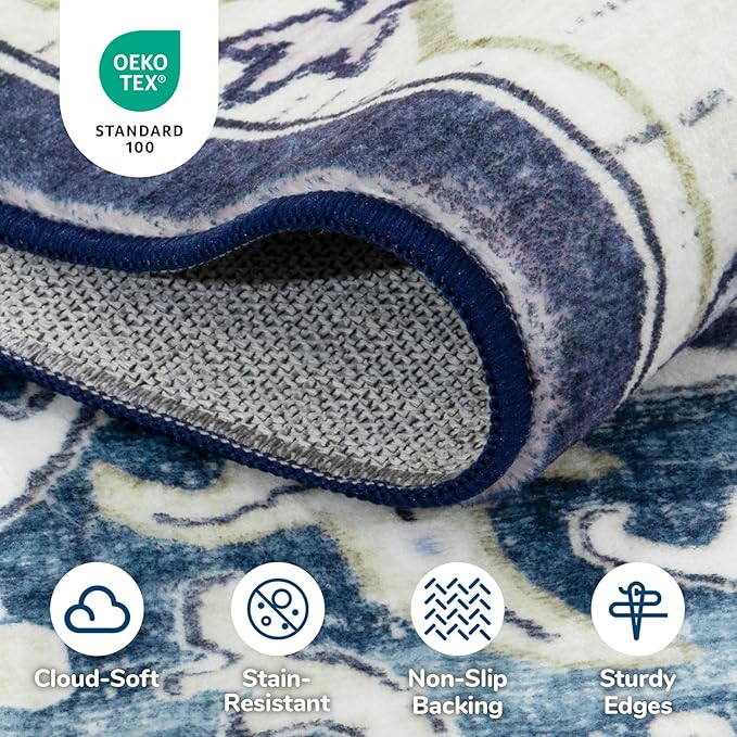 Lessymo 5x7 Area Rug for Living Room - Machine Washable Area Rugs, Super Soft Faux-Wool Area Rugs for Bedroom Kitchen, Boho Rug Vintage Floral Non-Slip Low Pile, Dark Blue