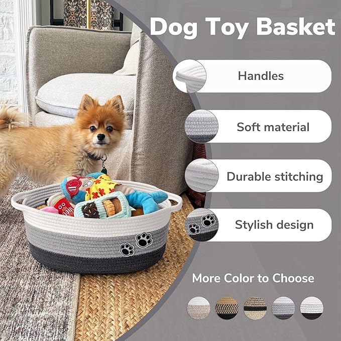 Dog Toy Basket Gift Basket Empty, Woven Storage Baskets for Towels, Cute Dog Storage Bins with Handles, Small Cotton Rope Baskets for Shelf, 13.6"x 10" x 6", Mixed-Gray