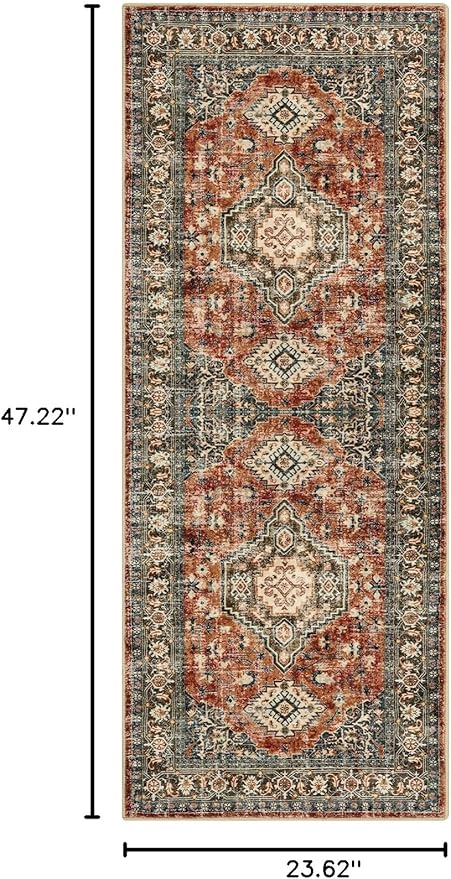Lahome Oriental Small Area Rug, 2x4 Washable Entryway Rug Non-Slip Ultra-Thin Indoor Door Mat Distressed Throw Carpet for Kitchen Bedroom, Brick Red