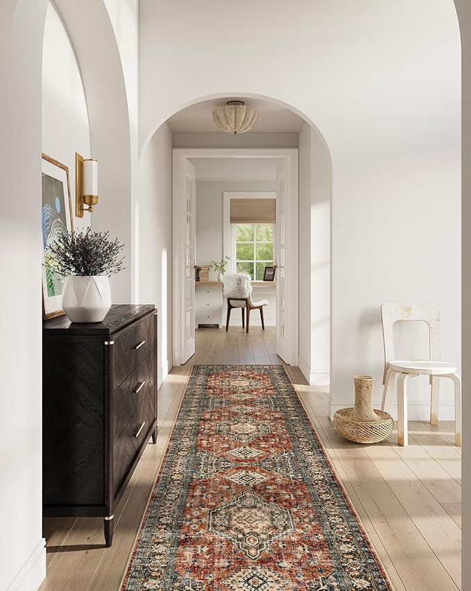 Lahome Oriental Hallway Runner Rug, 2.5x10 Washable Runner Ultra-Thin Hallway Rug for Bedroom Entryway, Soft Long Carpet for Kitchen Bathroom ?랰aundry Room, Brick Red