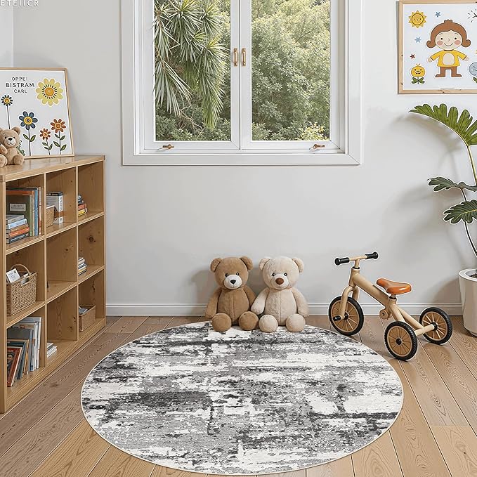 4ft Round Area Rugs for Living Room: 4x4 Abstract Washable Rug Modern Large Soft Stain Resistant Non-Slip Backing Machine Table for Bedroom Dining Room Indoor Home Office Carpet - Black Grey