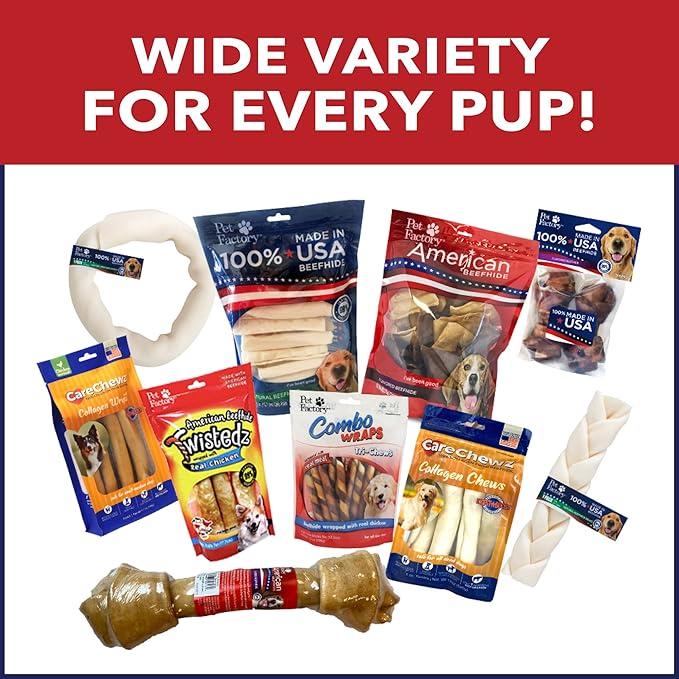 Pet Factory 100% Made in USA Beefhide 8-9" Assorted (Bones & Rolls) Dog Chew Treats - Natural Flavor, 6 Count/1 Pack