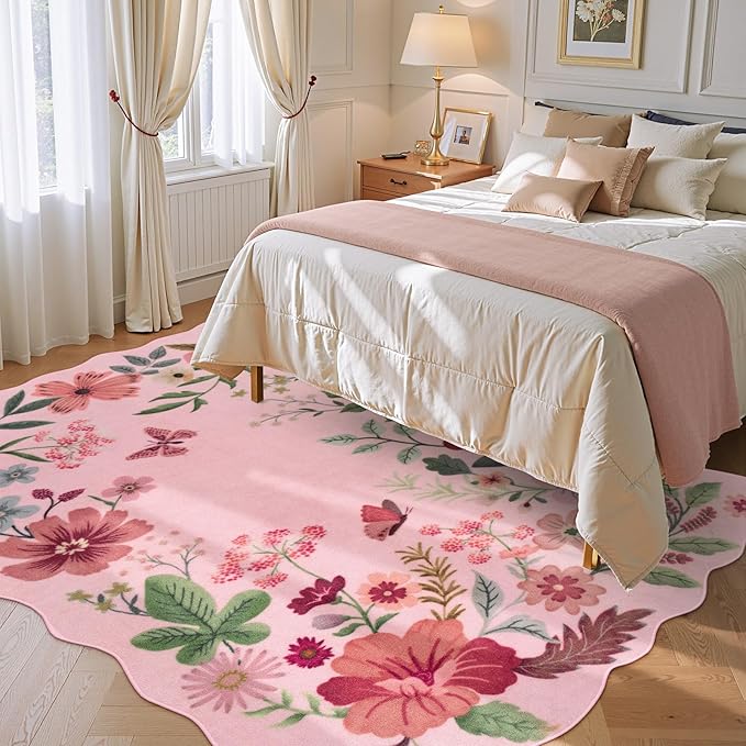Lahome Floral Living Room Rugs, Pink Area Rugs 5x7 Rug for Bedroom Ultra-Thin Soft Rug, Non-Slip Washable Rugs Stain Resistant Throw Boho Rug for ‎‎Nursery Playroom Classroom (5x7ft, Pink)