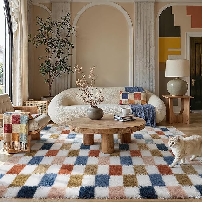 Checkered Rug 5x8 for Living Room, Modern Rainbow Shag Rug Super Soft Washable Indoor Fuzzy Carpet Non-Slip Fluffy Rugs for Bedroom Home Aesthetic Decor