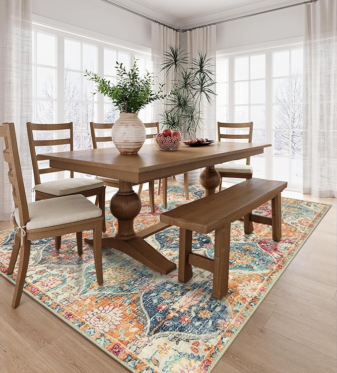 Lahome Moroccan 5x8 Area Rug, Ultra-Thin Washable Rugs for Living Room Bedroom, Soft Large Oriental Non-Slip Non Shedding Throw Large Carpet for Dining Room Office, Cream/Multi