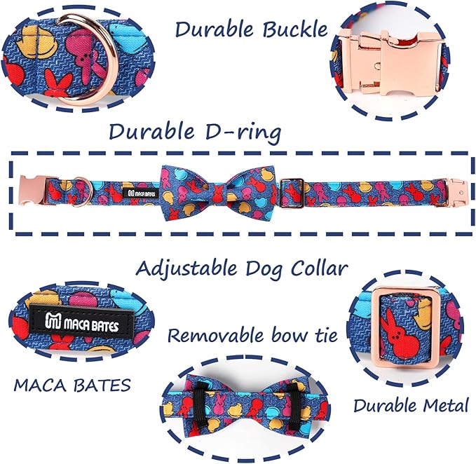 Maca Bates Easter Day Rabbit Dog Collar with Fancy Bow Tie for Large Girl Boy Dogs, Blue Bunny Chick Pattern,Adjustable Durable Soft Breakaway Collars for Male Female Puppy