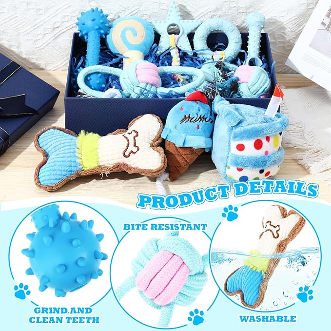 11 Pcs Dog Birthday Toy Gift for Dog Birthday Cake Puppy Girl Boy Squeak Toys Interactive Puppy Gift with Box for Small Medium Size(Classic,Blue)