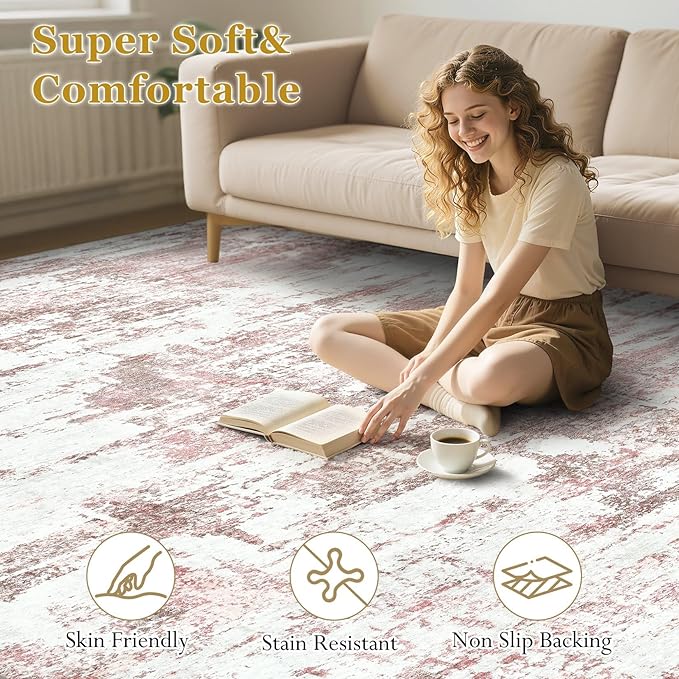 Area Rugs for Living Room: 10x12 Abstract Washable Rug Large Soft Stain Resistant Non-Slip Backing for Bedroom Dining Room Indoor Home Office Carpet for Kids Pet Friendly Families - Pink