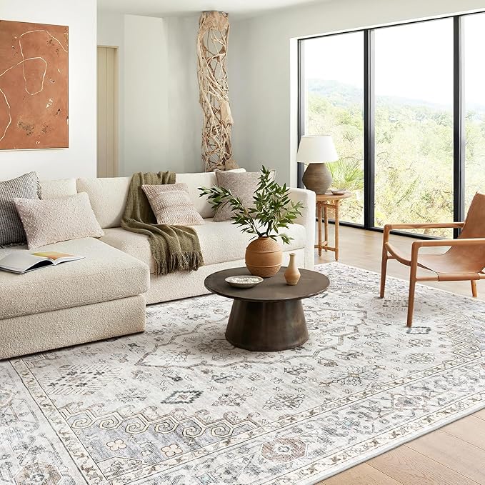 8x10 Area Rugs for Living Rooms, Stain Resistant Neutral Washable Rugs for Dining Rooms, Floral Vintage Non-Slip Thin Large Size Area Rug(Light Grey)