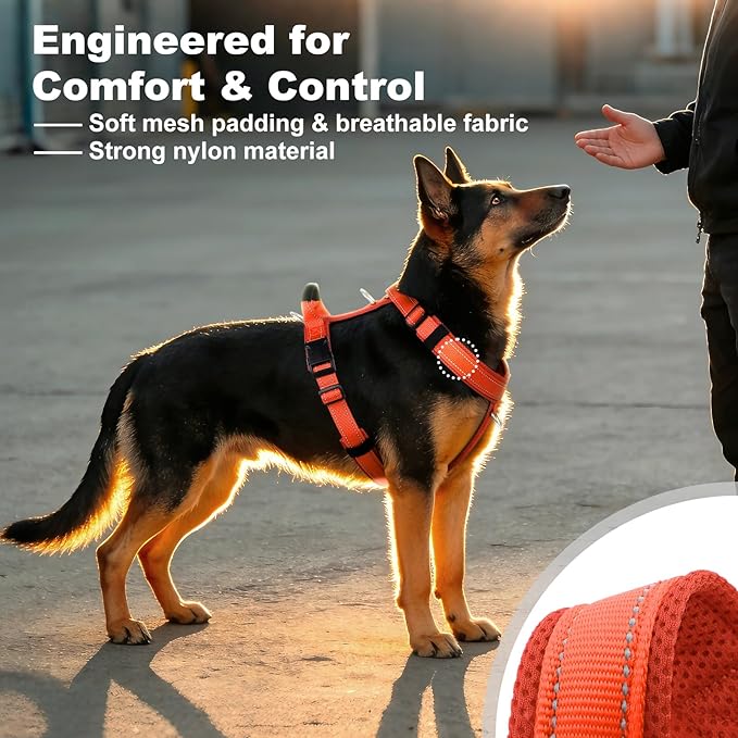 No Pull Dog Harness with Handle, Soft Mesh Padded Adjustable for Small Medium Large Dogs | Reflective Easy Walk Harness with Front Clip for Training, Running & Outdoor (Orange, S)