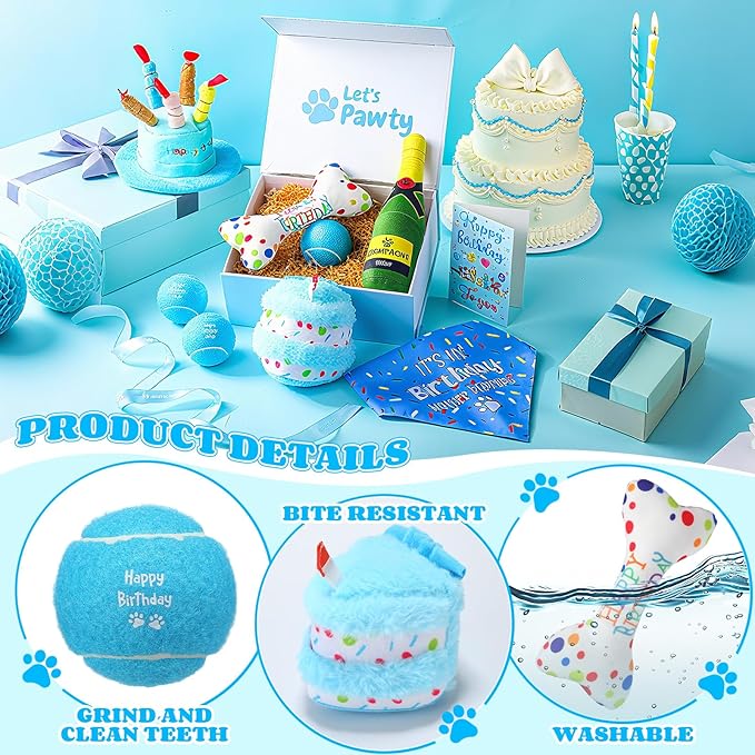 10 Pcs Dog Birthday Toy Set Dog Birthday Cake Bone Wine Bottle Hat Bib Ball Card Ribbon Plush Pet Gifts for Small Medium Puppy Squeaky Dogs Pet Toy Party Supplies(Blue)