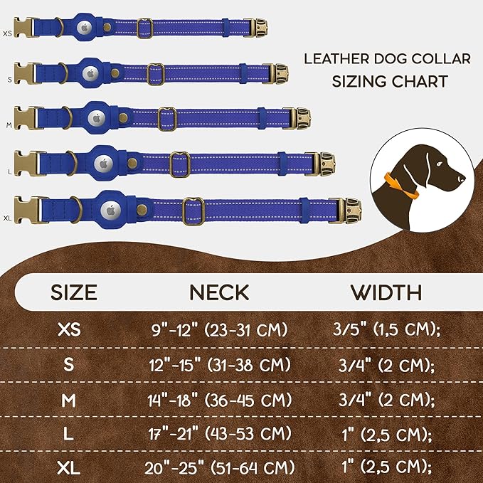 Reflective Leather Dog Collar with AirTag Holder - Soft Apple Airtag Dog Collar with Metal Buckle - Safety Cotton Pet Collars for Dogs Small Large Dogs Puppy (Blue, L, 17"-21")