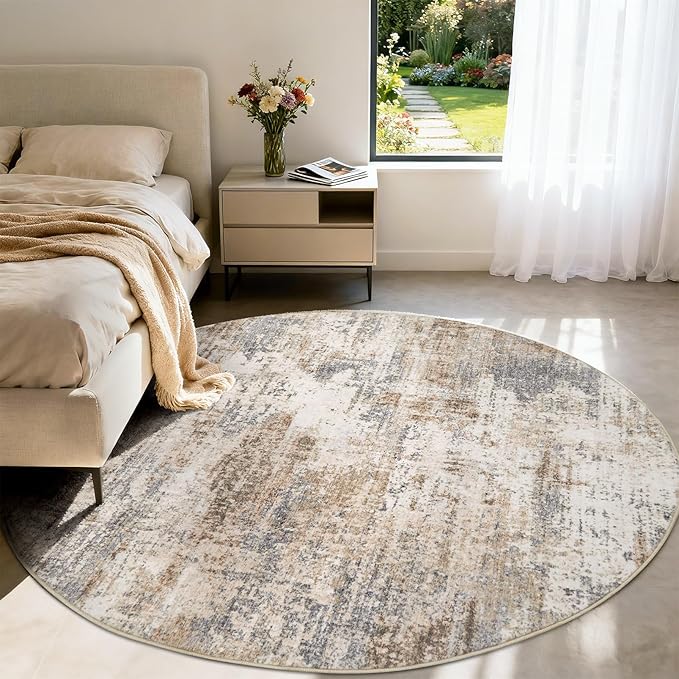 Area Rug Living Room Washable Rugs: 6x6 Modern Neutral Abstract Low Pile Non Slip Floor Carpet - Large Soft Thin Stain Resistant Rug for Bedroom Dining Indoor Office Home, Brown Grey