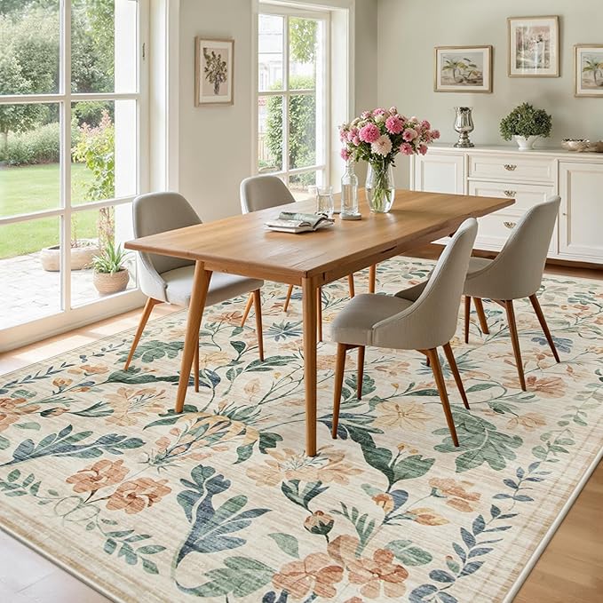 8x10 Area Rugs Washable Rug: Lagre Boho Living Room Rug Soft Non-Slip Thin Carpet Indoor Floor Non-Shedding Neutral Floral Carpets for Bedroom Dining Room Farmhouse Nursery Beige