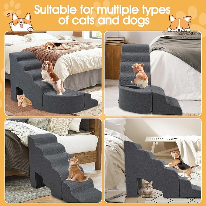 Dog Stairs for High Beds up to 30-36inch, A.FATI 6 Tiers Dog Steps Pet Stairs Adjust to Left Side of Bed, Non-Slip Pet Ramp for Small Dogs/Old Pets