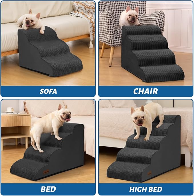 Dog Steps for Bed, 4-Step Dog Stairs Ramp for Small Dogs and Cats, Indoor Non-Slip Pet Stairs Suitable for Older, Short-Legged, and Puppy Dogs to Climb Onto High Beds and Couch, 17.4" H,Black
