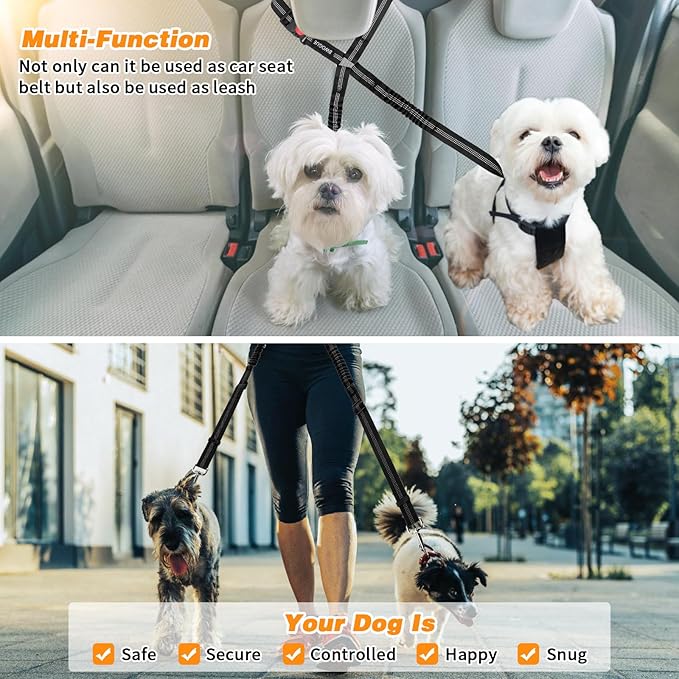 BWOGUE Double Dog Cat Seat Belts, Car Headrest Restraint Adjustable Travel Leash,Safety Elastic Leads Splitter Connect Vehicle Seatbelt Harness for 2 Dogs