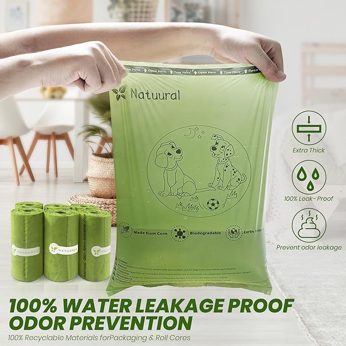 Poop Bags for Dogs-1050 Counts, 70 Rolls With a Free Dispensers, Doggie Poop Bags Made of Cornstarch, Extra Thick and 100% Leak Proof (Green)